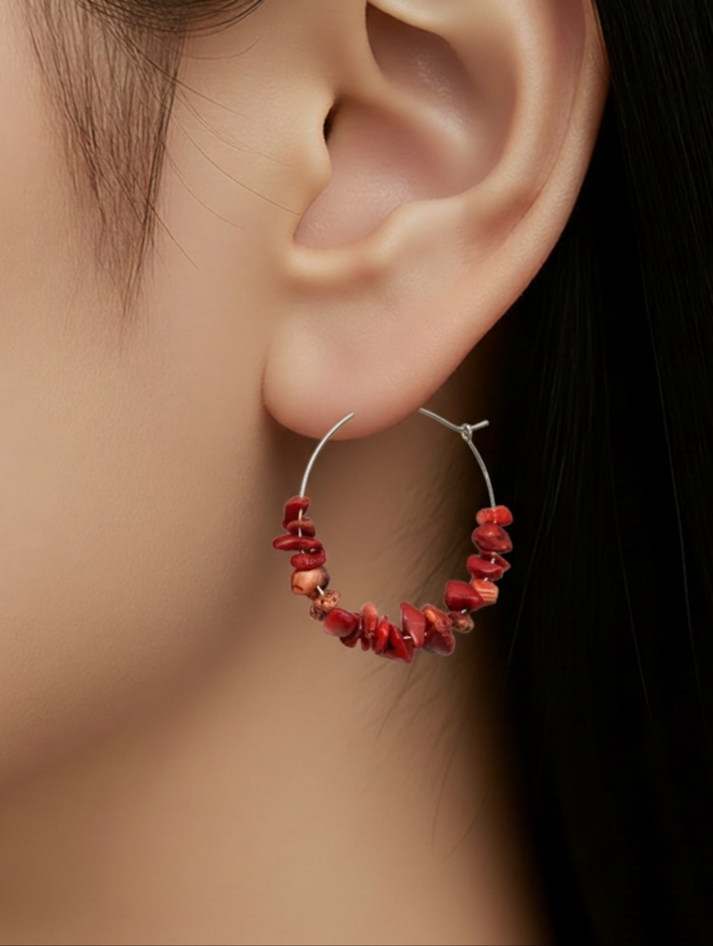 Red Coral Hoop Stone Chip Earrings Beaded Boho Western Coastal Cowgirl Jewelry